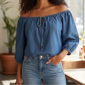 Elegant Off-Shoulder Cropped Denim Blue Blouse